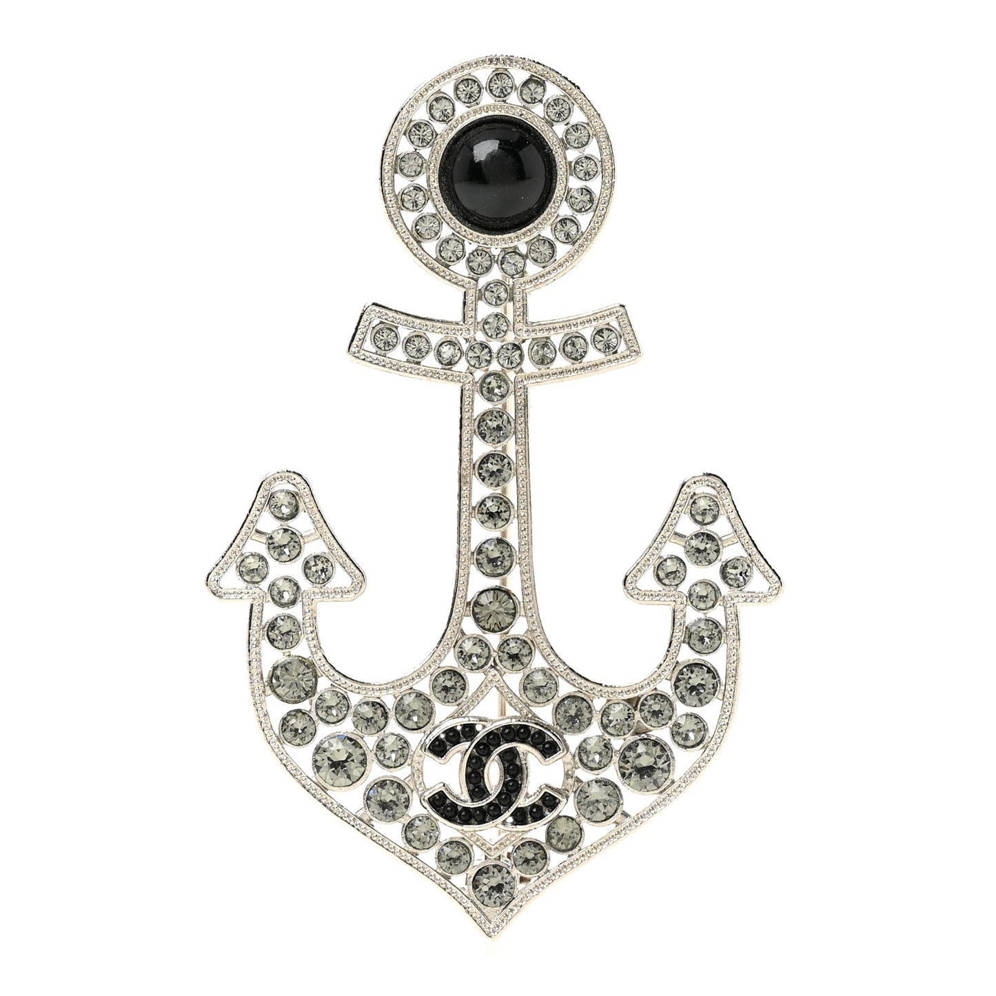 Crystal Pearl CC Anchor Brooch Silver
