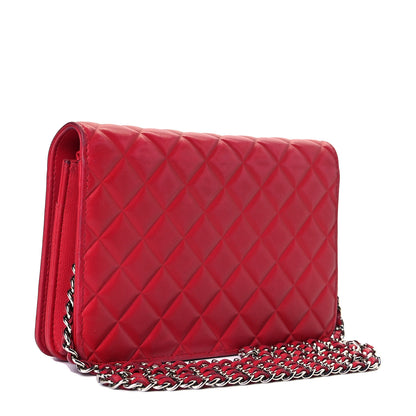 Chanel Goatskin Quilted Diamond CC Wallet On Chain WOC Red 2 of 9