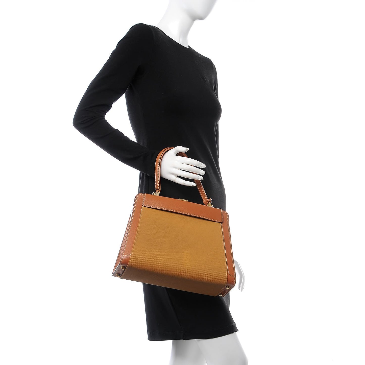 Calfskin Canvas Top Handle Frame Bag Brown