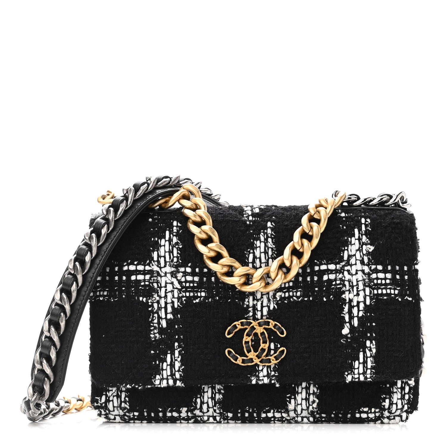 Chanel Tweed Quilted Chanel 19 Wallet On Chain WOC Black White 1 of 12