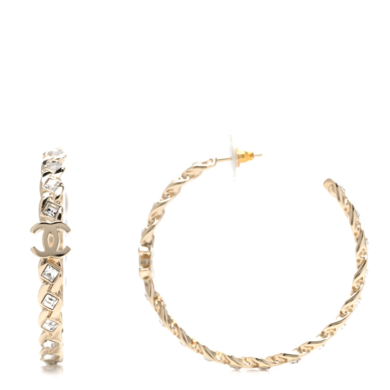 Chanel Metal Baguette Crystal High Society CC Hoop Earrings Gold 1 of 5