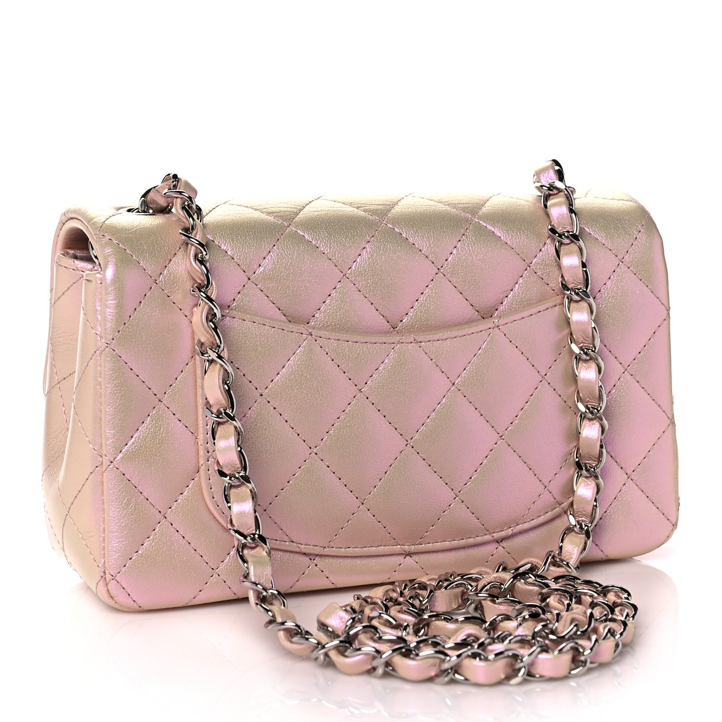 Iridescent Calfskin Quilted Mini Rectangular Flap Pink