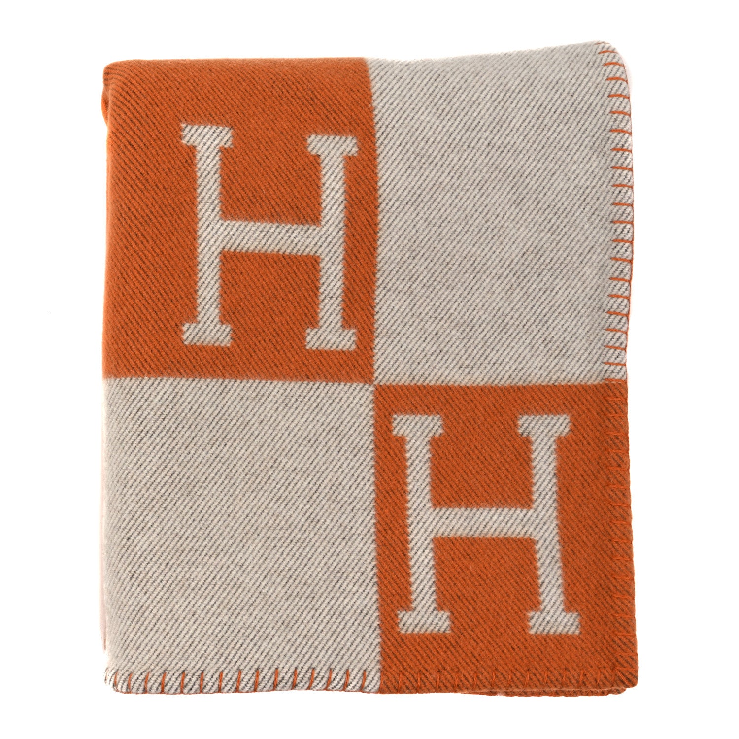 Hermes Wool Cashmere Signature Classic Avalon Blanket Ecru Potiron 1 of 3