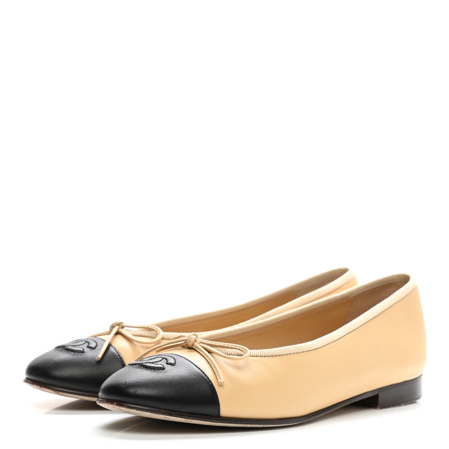 Chanel Lambskin Cap Toe CC Ballerina Flats 38 Beige Black 3 of 13