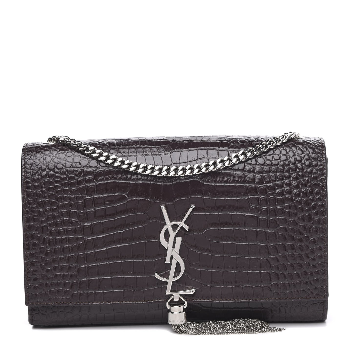Calfskin Crocodile Embossed Medium Classic Monogram Kate Tassel Satchel Amaranto