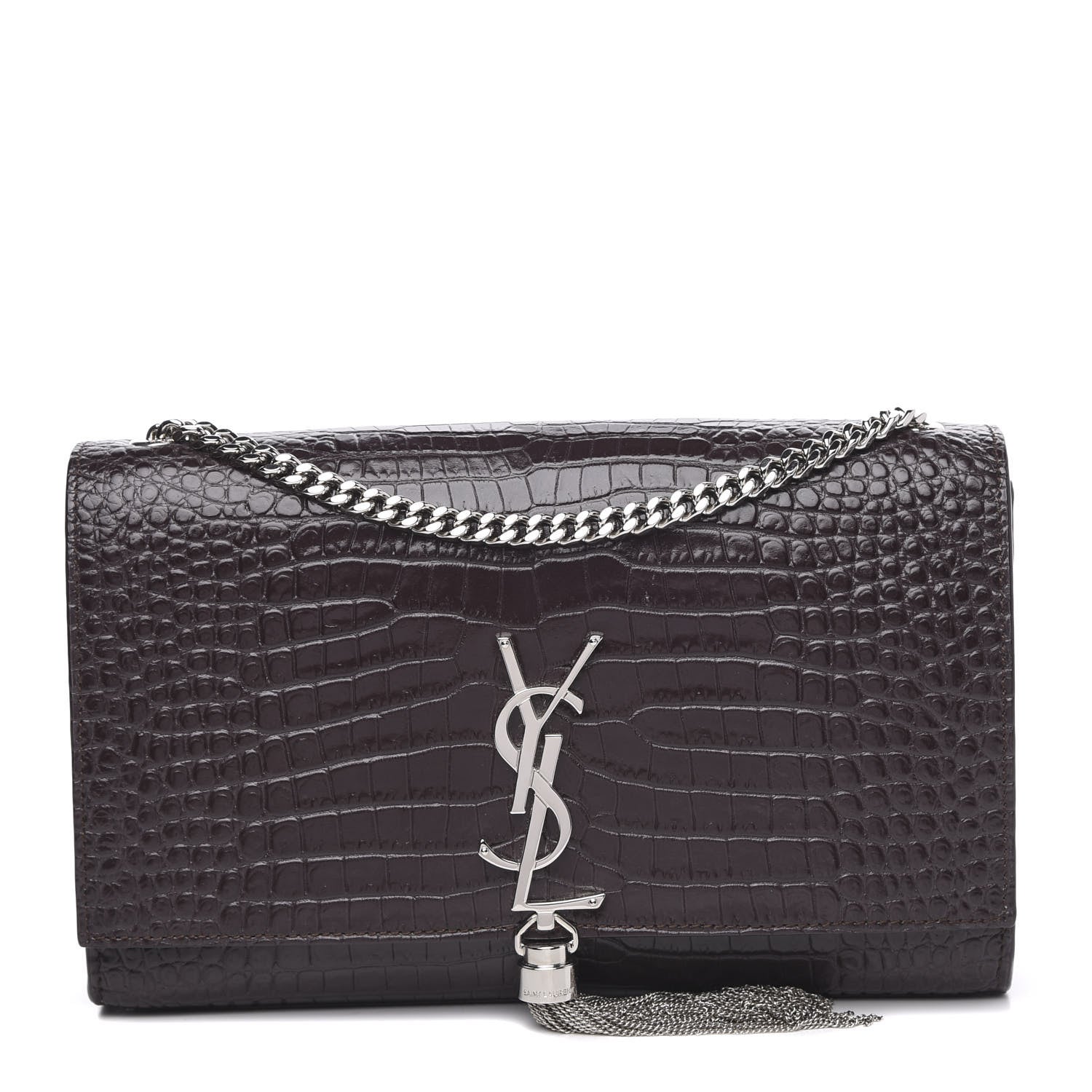 Saint Laurent Calfskin Crocodile Embossed Medium Classic Monogram Kate Tassel Satchel Amaranto 1 of 10