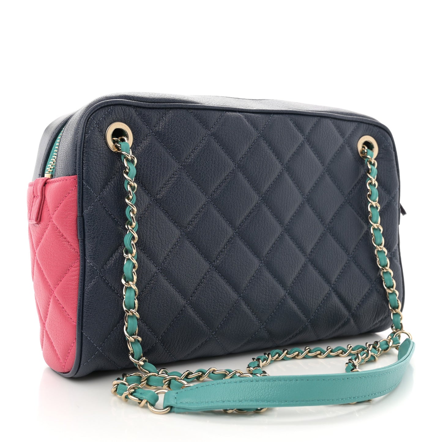 Goatskin Quilted Tri-Color Medium In & Out Camera Case Navy Turquoise Pink