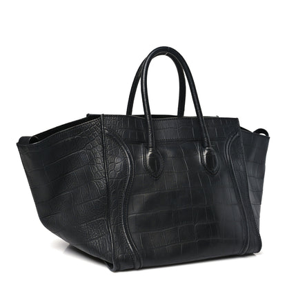 Celine Crocodile Embossed Calfskin Medium Phantom Luggage Black 3 of 11