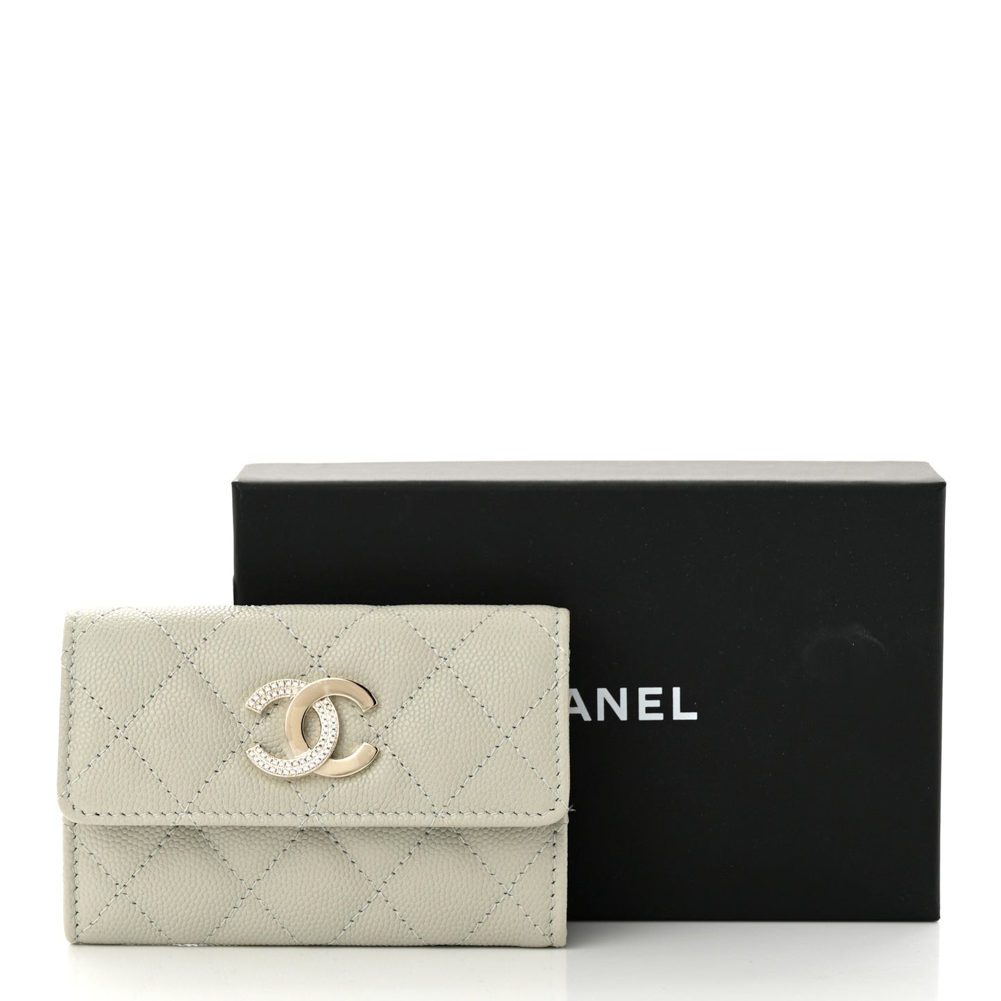 Caviar Quilted Crystal CC Flap Card Holder Light Grey