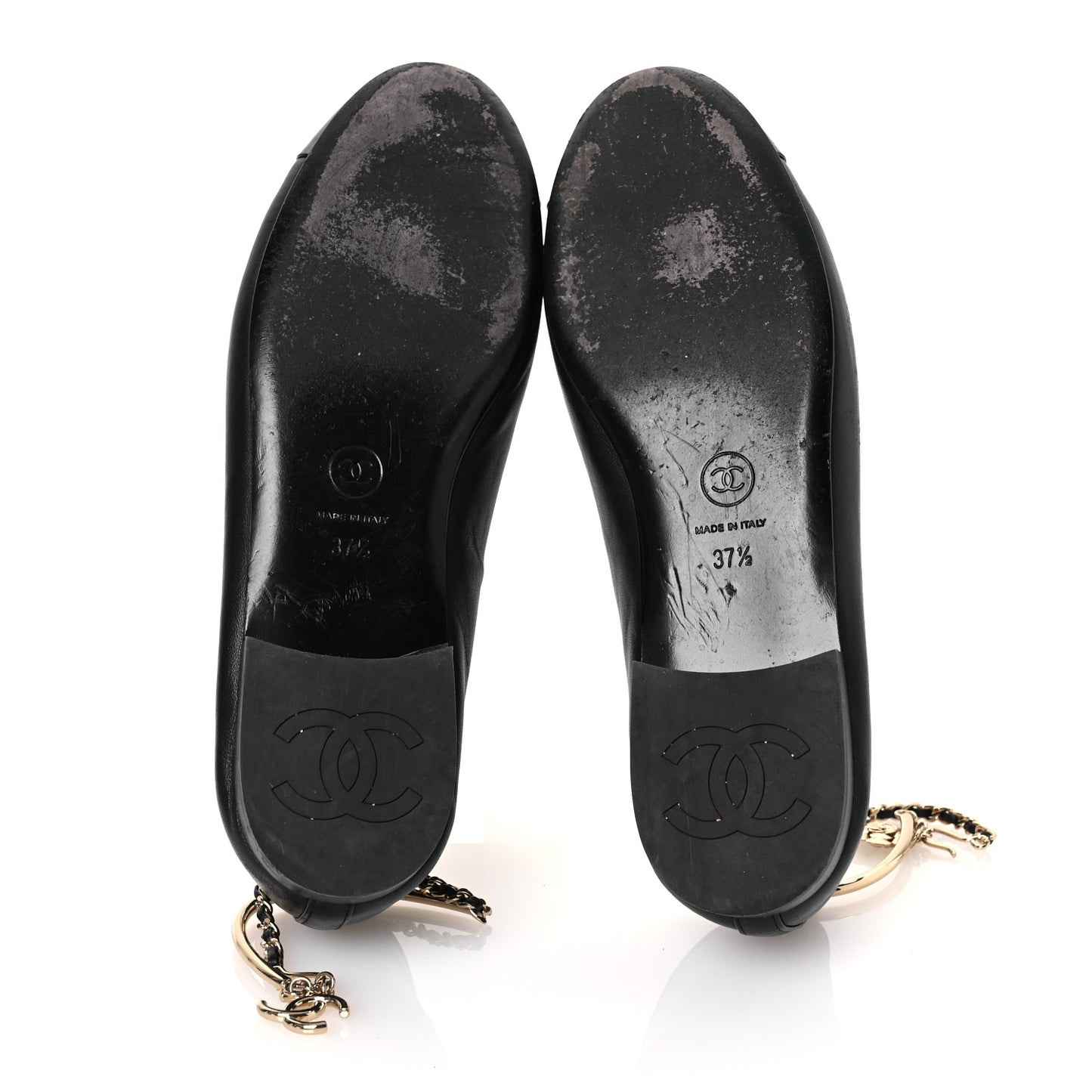 Lambskin Patent Calfskin Cap Toe Ankle Chain Ballerina Flats 37.5 Black