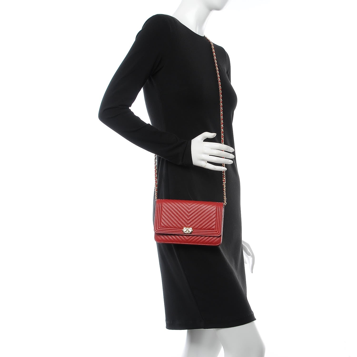Chanel Calfskin Chevron Quilted Boy Wallet On Chain WOC Red 2 of 9