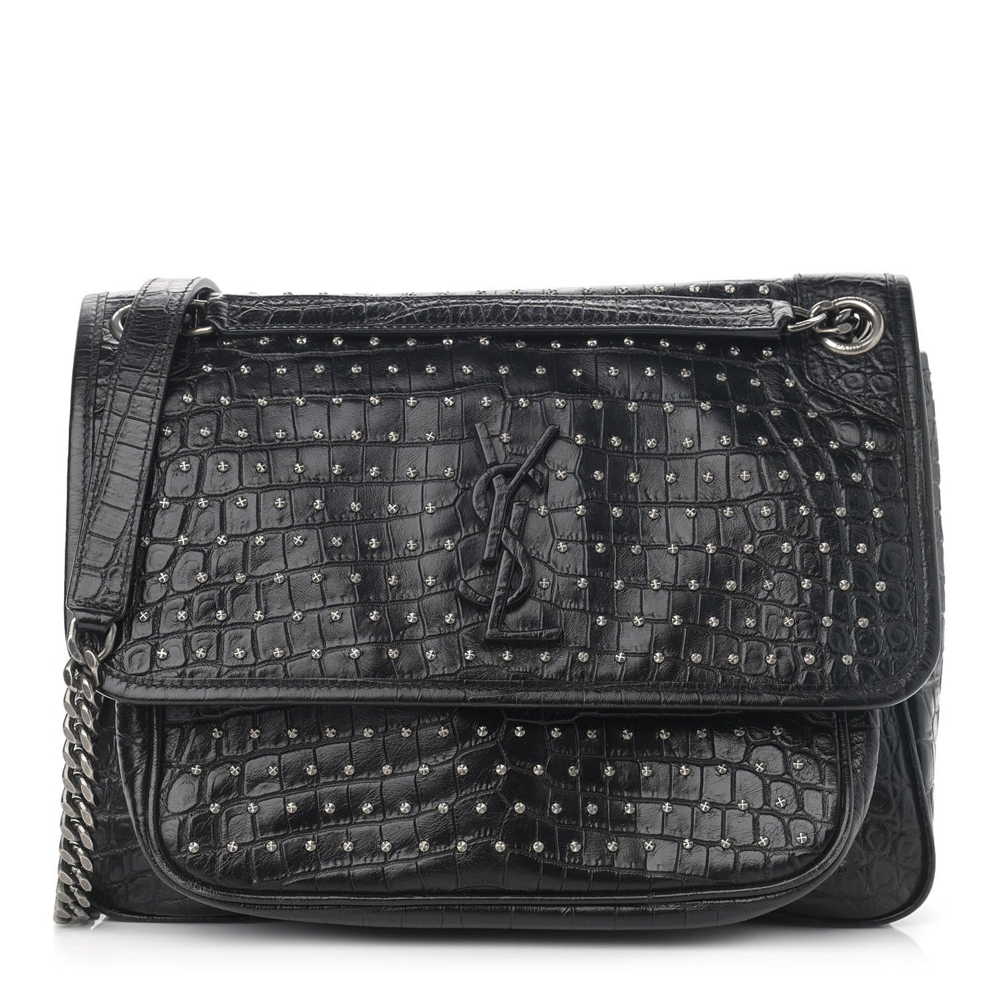 Calfskin Matelasse Monogram Studded Medium Niki Chain Satchel Black