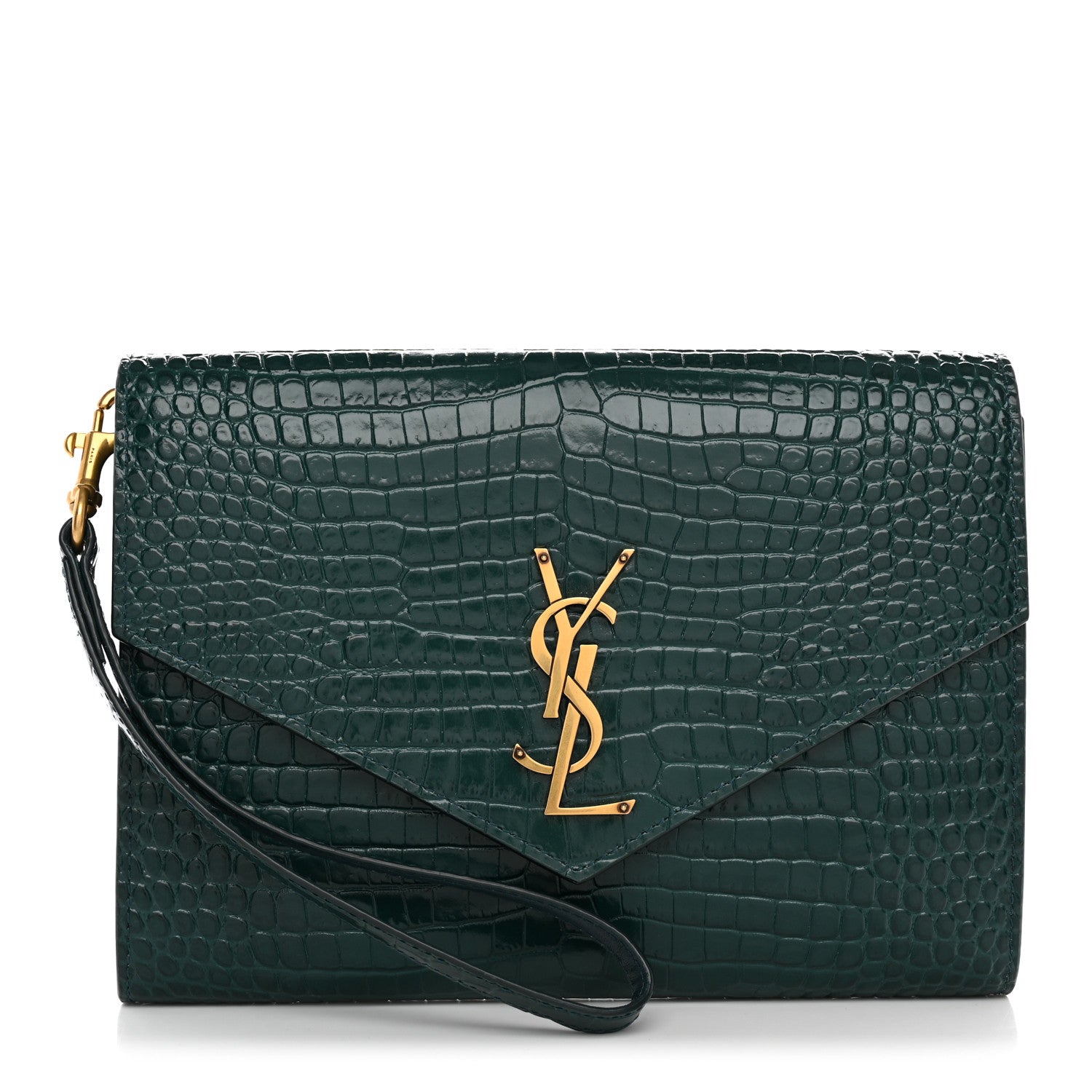 Saint Laurent Calfskin Crocodile Embossed Monogram Cassandre Flap Pouch Foliage Green 1 of 8