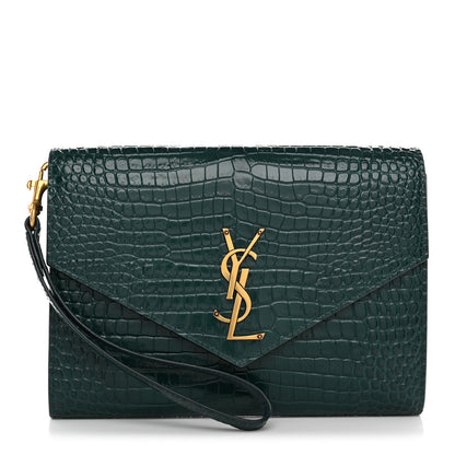 Saint Laurent Calfskin Crocodile Embossed Monogram Cassandre Flap Pouch Foliage Green 1 of 8