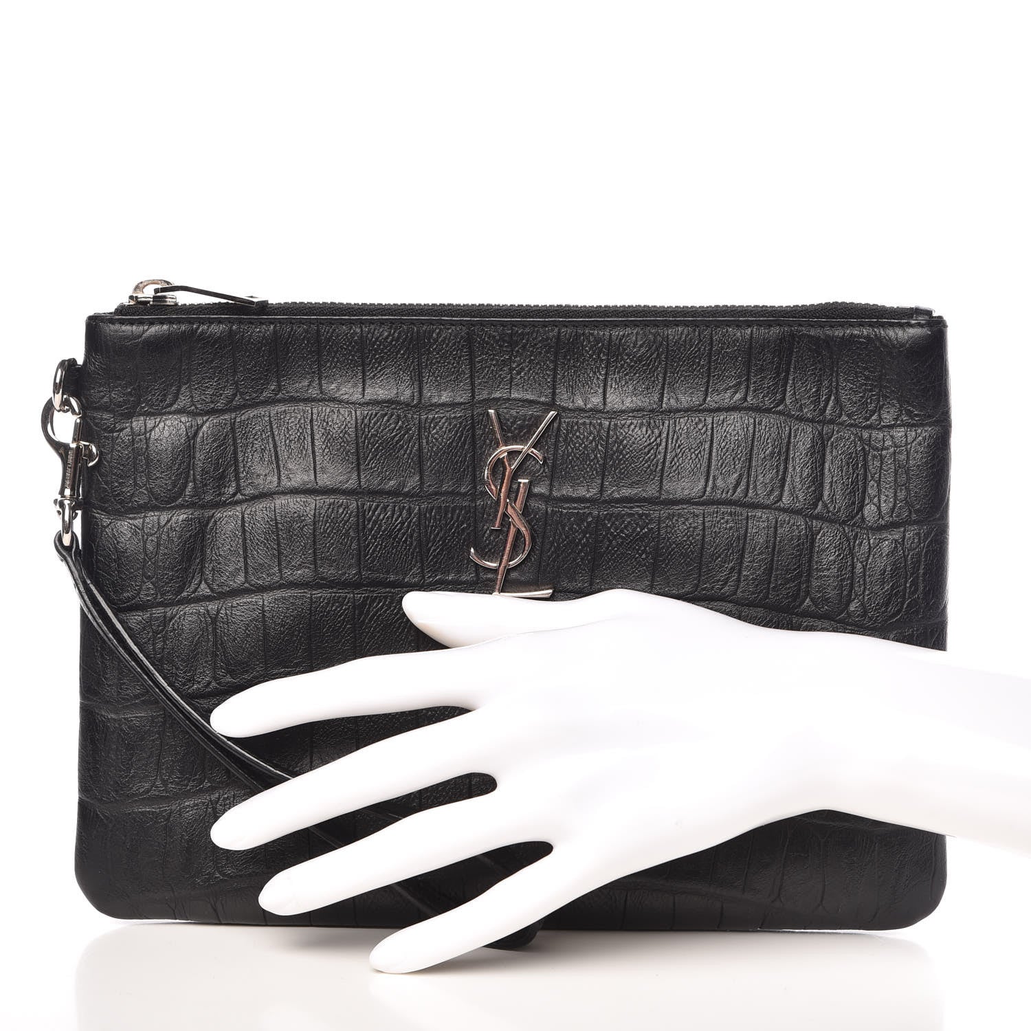Saint Laurent Calfskin Crocodile Embossed Monogram Zip Pouch Black 2 of 8