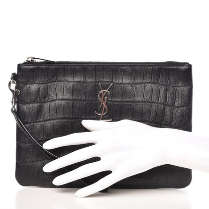 Saint Laurent Calfskin Crocodile Embossed Monogram Zip Pouch Black 2 of 8