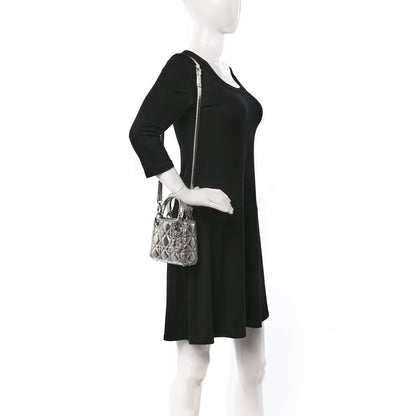 Christian Dior Metallic Crinkled Calfskin Cannage Micro Lady Dior Silver 2 of 12
