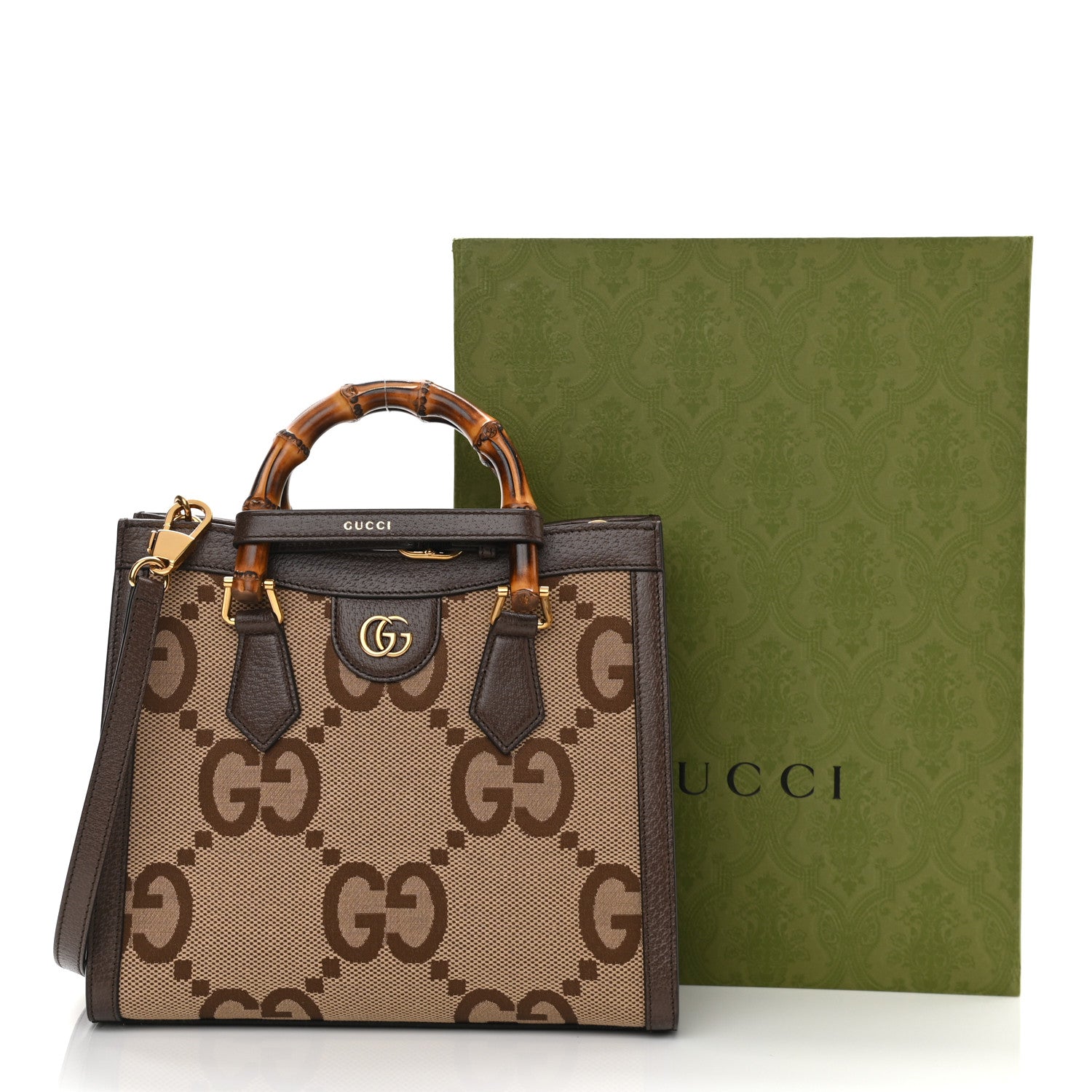 Gucci Monogram Jumbo GG Textured Dollar Calfskin Small Diana Tote Bag Camel Ebony New Acero 12 of 12