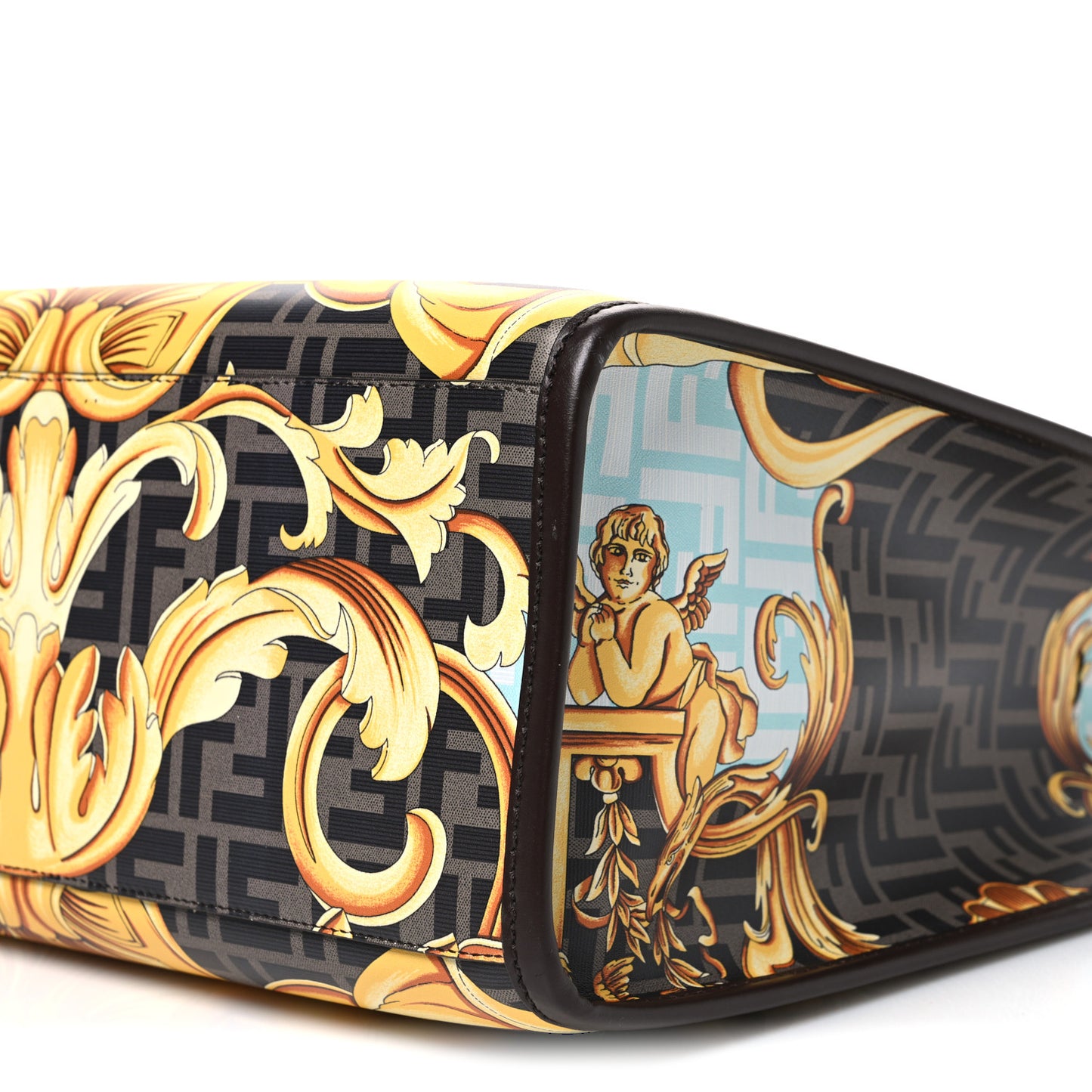 X VERSACE Calfskin Plexiglass Fendace FF Baroque Print Medium Fendi Sunshine Shopper Tote Gold Multicolor