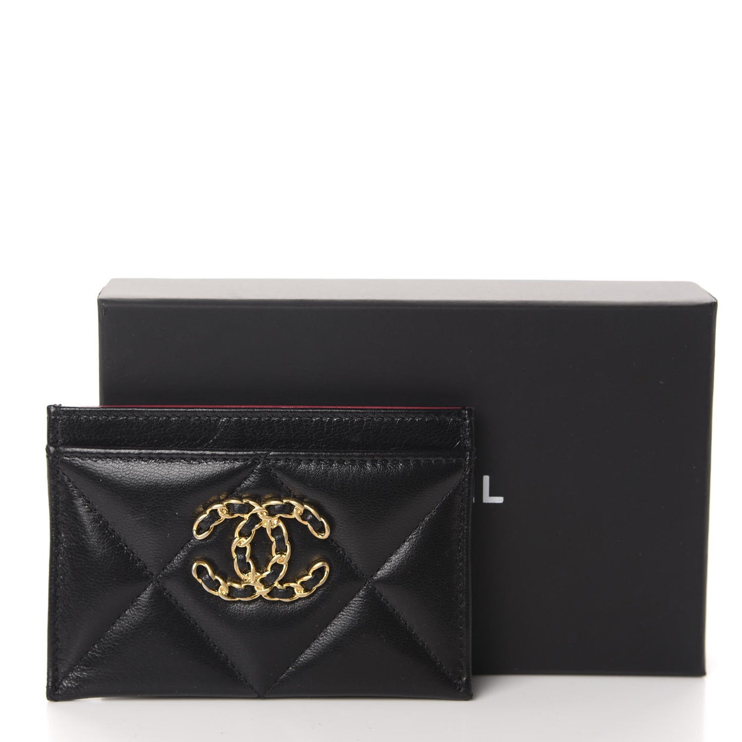 Shiny Goatskin Quilted Chanel 19 Card Holder Black