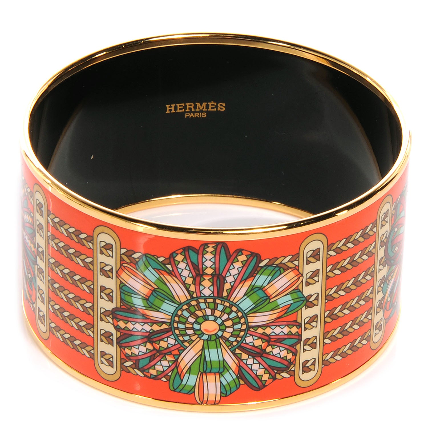 Hermes Enamel Printed Rubans de Cheval Extra Wide Bracelet 65 Orange 1 of 6