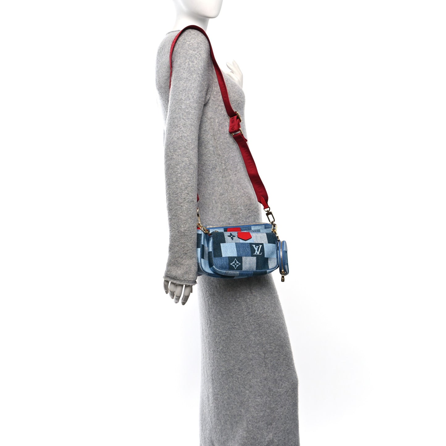 Denim Damier Monogram Patchwork Multi Pochette Accessories Blue Rouge