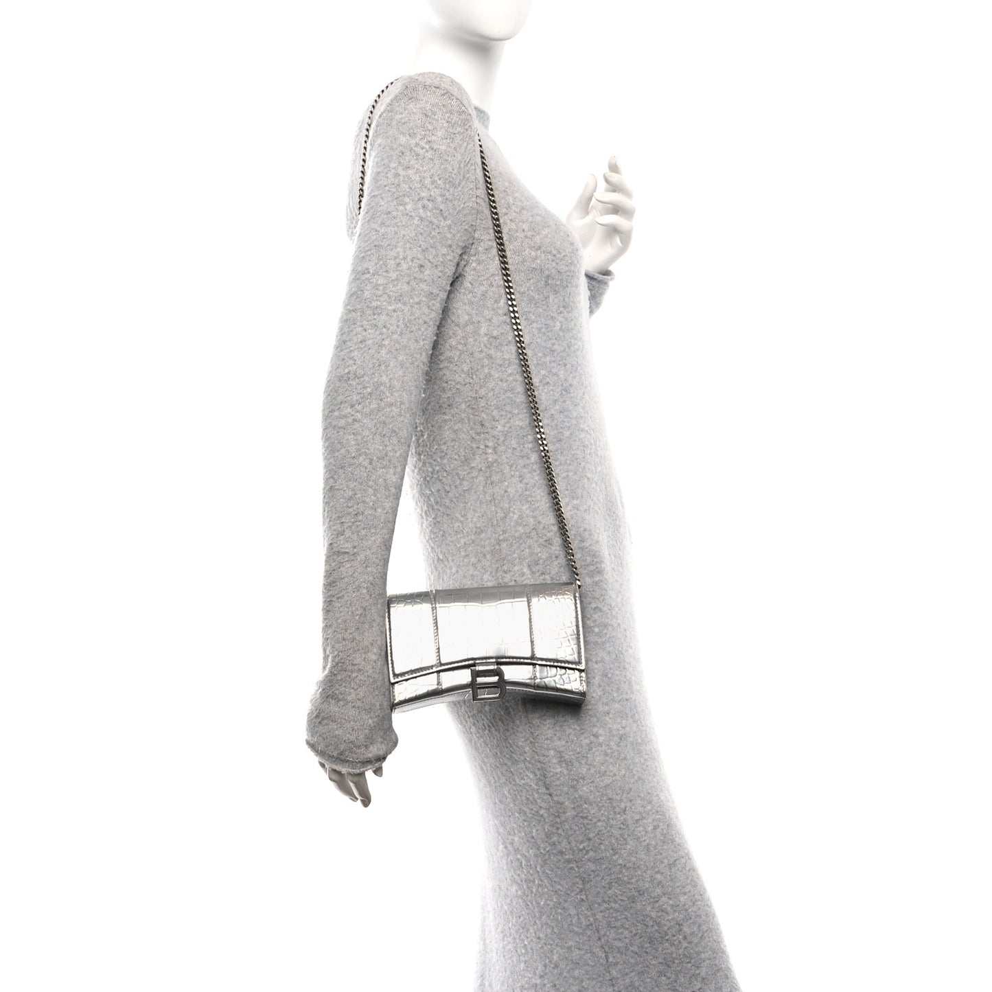 Shiny Calfskin Crocodile Embossed Hourglass Chain Bag Silver
