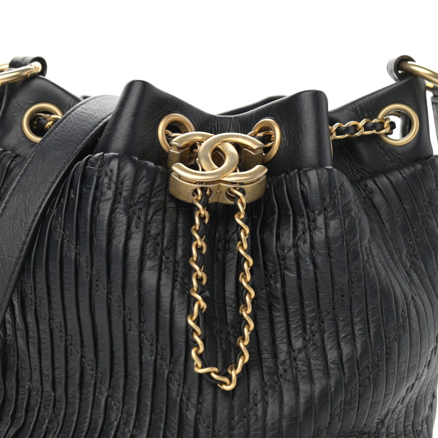 Chanel Iridescent Crumpled Calfskin Coco Pleats Small Drawstring Bag Black 8 of 10