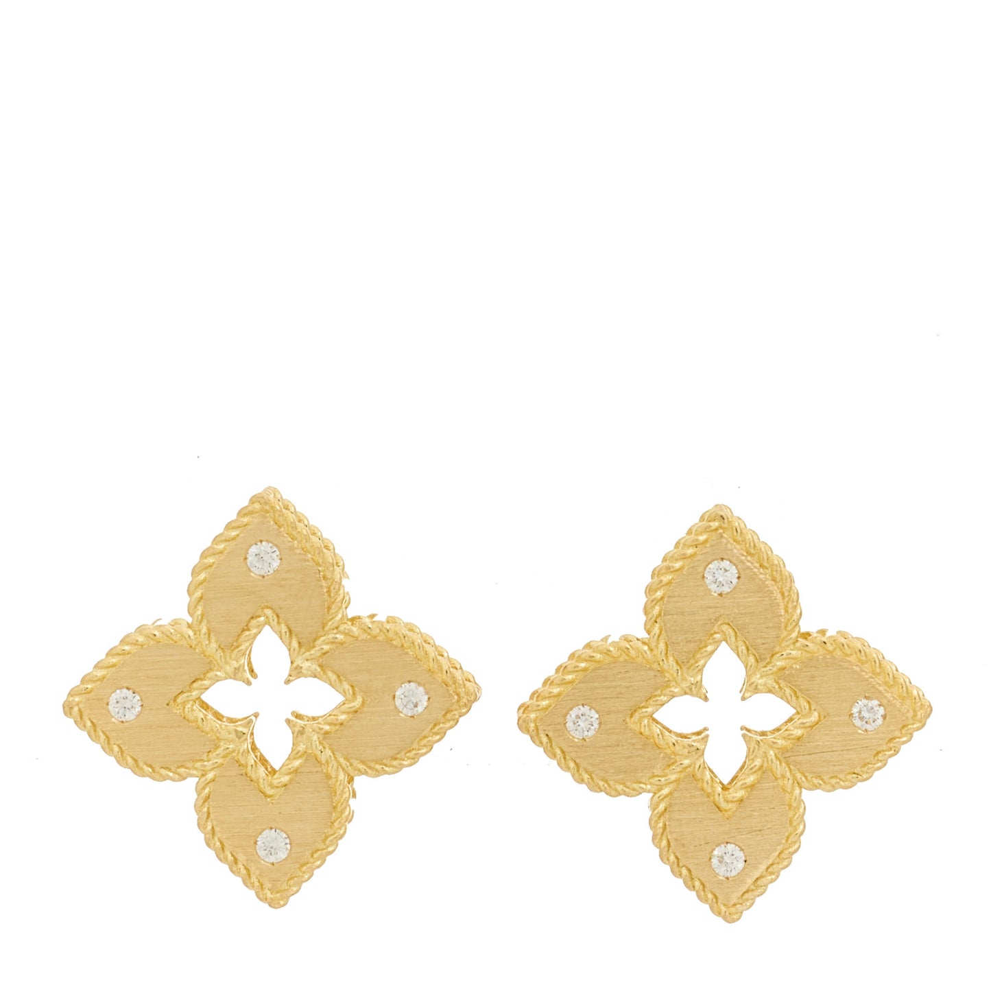 18K Yellow Gold Diamond Medium Petite Venetian Princess Satin Finish Flower Stud Earrings