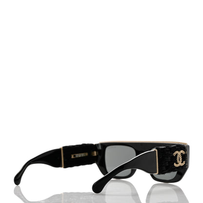 Chanel Acetate Tweed Wool CC Chain Rectangle Sunglasses 71549 Black 4 of 8