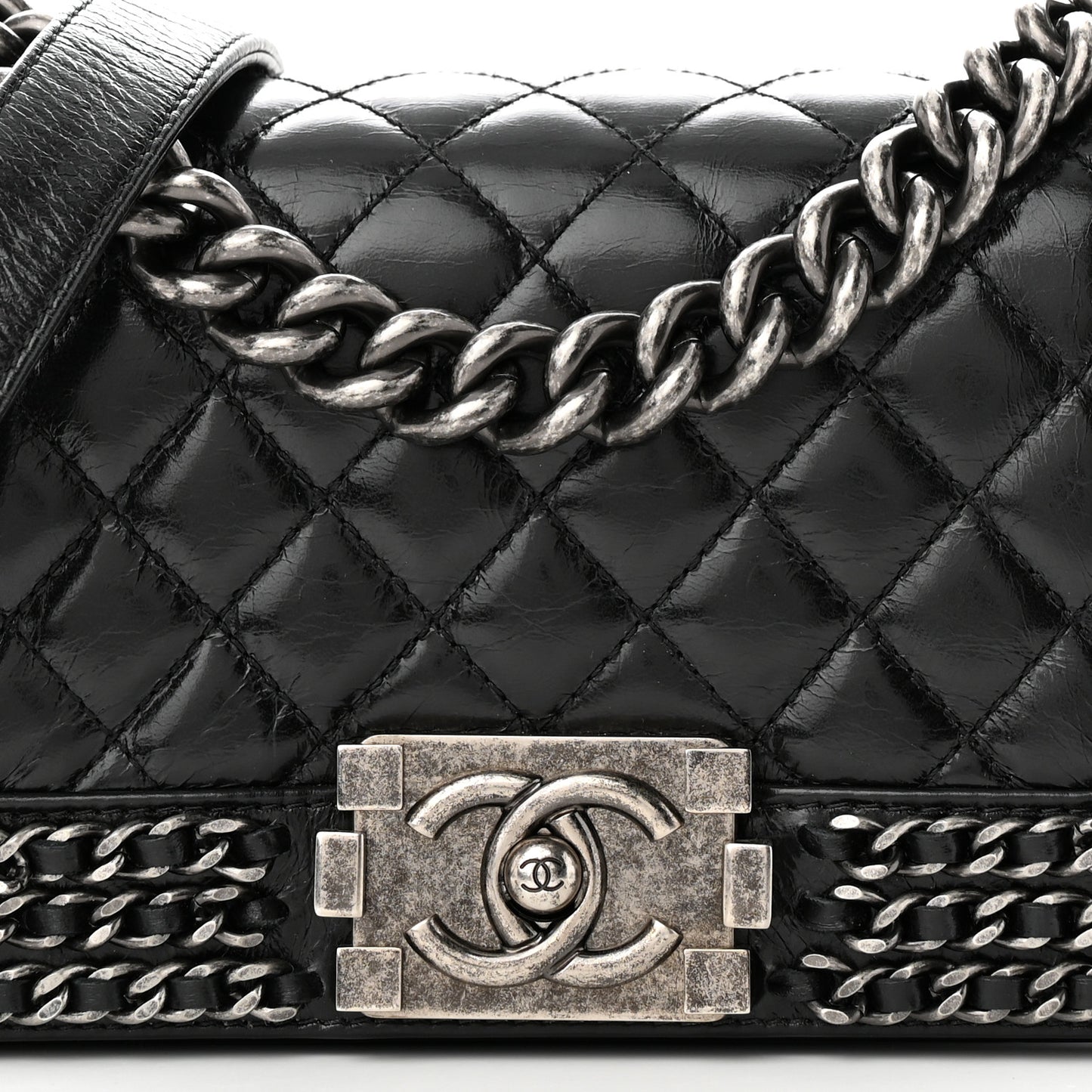 Glazed Calfskin Quilted Small Boy Chained Flap Black