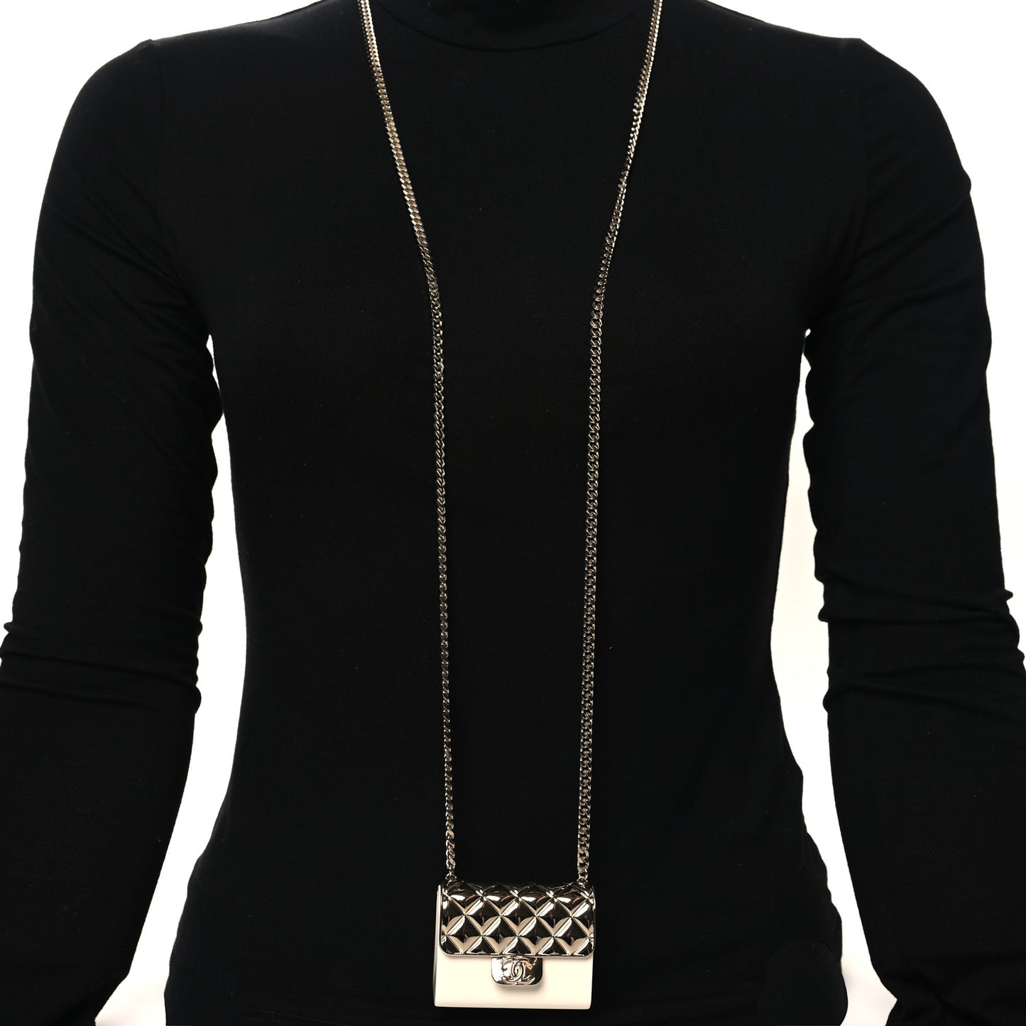 Metal Resin Flap Bag Long Necklace Gold White