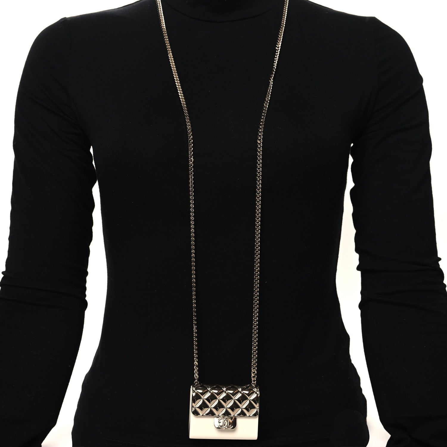 Chanel Metal Resin Flap Bag Long Necklace Gold White 2 of 5