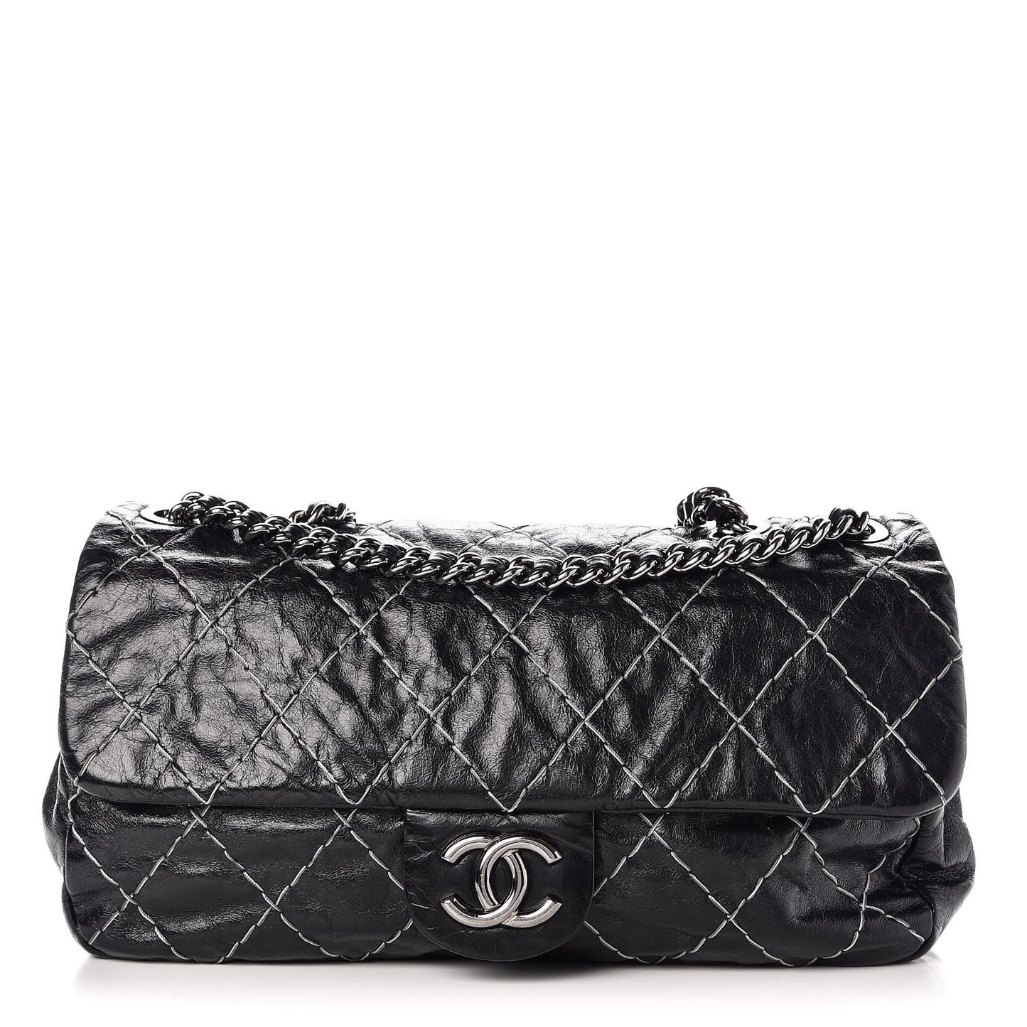 Glazed Goatskin Double Stitch Flap Black