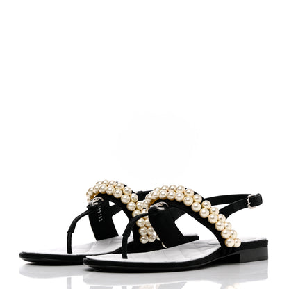 Chanel Grosgrain Pearl CC Sandals 37 Black 3 of 10