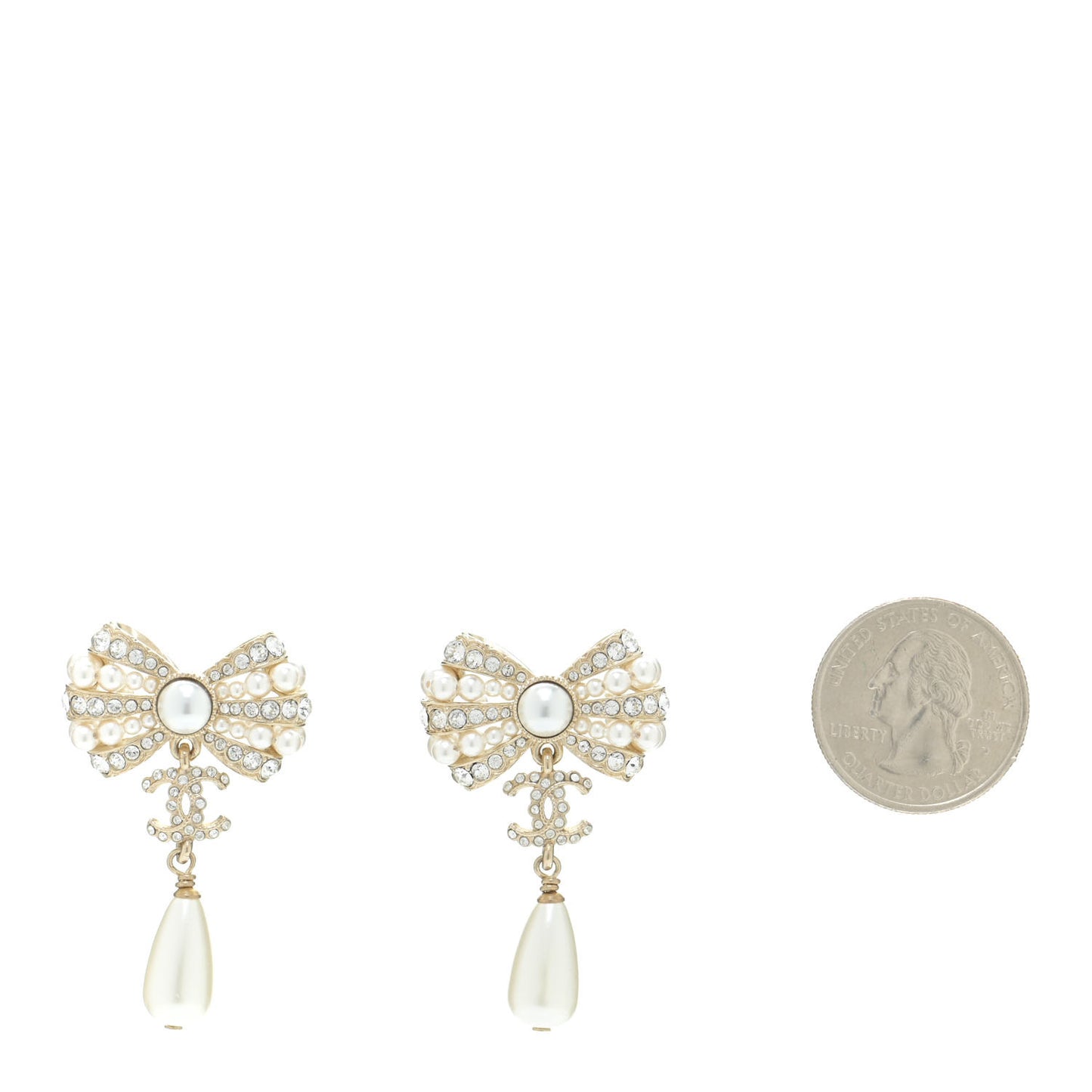 Crystal Pearl CC Bow Drop Earrings Gold Pearly White