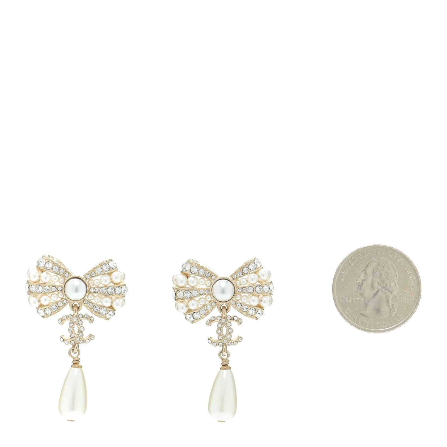 Chanel Crystal Pearl CC Bow Drop Earrings Gold Pearly White 2 of 5