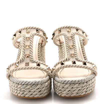 Valentino Garavani Calfskin Rockstud Torchon Espadrille Caged 25/95mm Wedge Sandals 38 Light Ivory 3 of 8