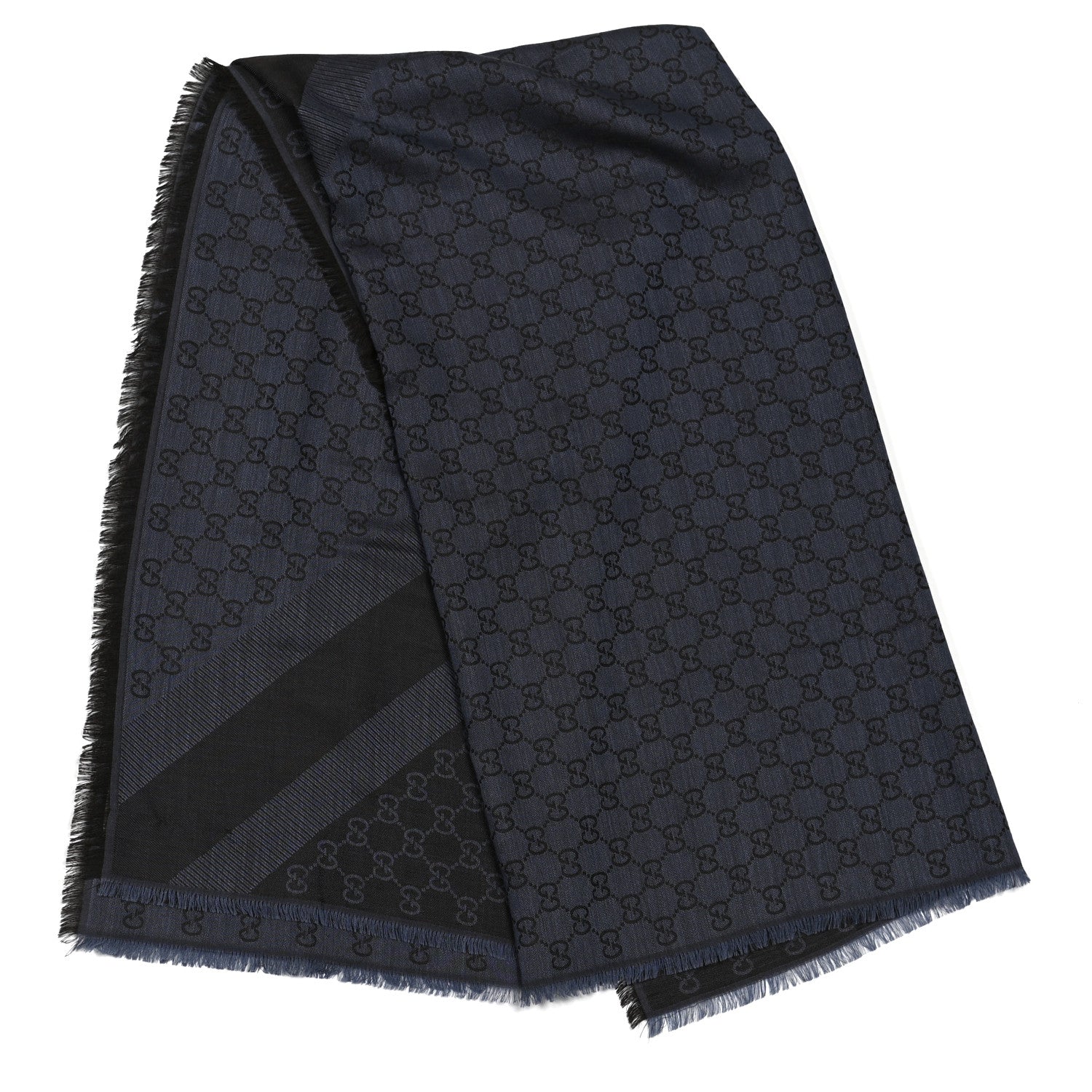 Gucci Wool Silk Monogram Fringe Scarf Navy Blue 2 of 3