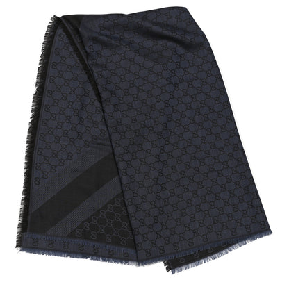 Gucci Wool Silk Monogram Fringe Scarf Navy Blue 2 of 3
