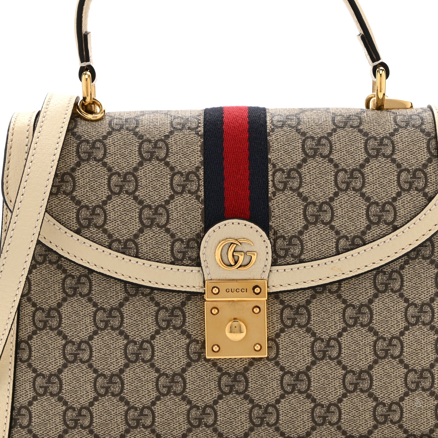 Gucci GG Supreme Monogram Textured Dollar Calfskin Web Small Ophidia Padlock Top Handle Bag Beige Ebony Mystic White 9 of 11