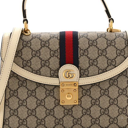 Gucci GG Supreme Monogram Textured Dollar Calfskin Web Small Ophidia Padlock Top Handle Bag Beige Ebony Mystic White 9 of 11