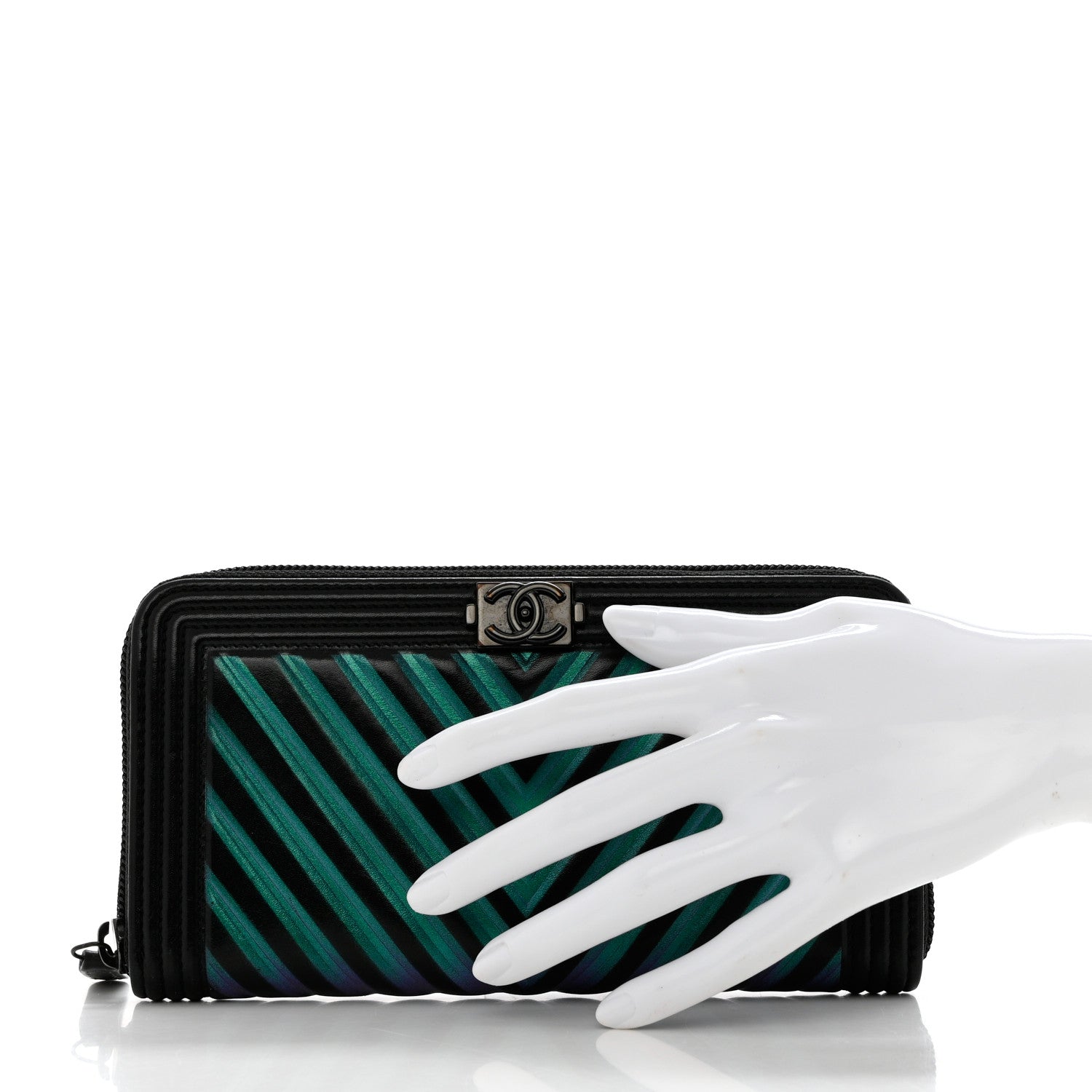 Chanel Calfskin Painted Chevron Embossed Large Boy Zip Wallet Black 2 of 9