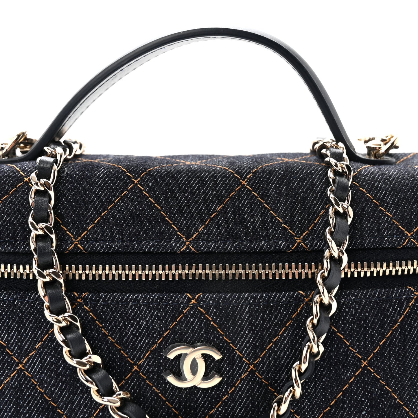Denim Quilted Top Handle Slim Vanity Case With Chain Dark Blue Orange