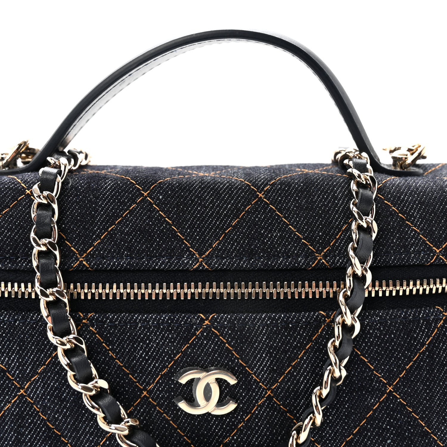 Chanel Denim Quilted Top Handle Slim Vanity Case With Chain Dark Blue Orange 7 of 10