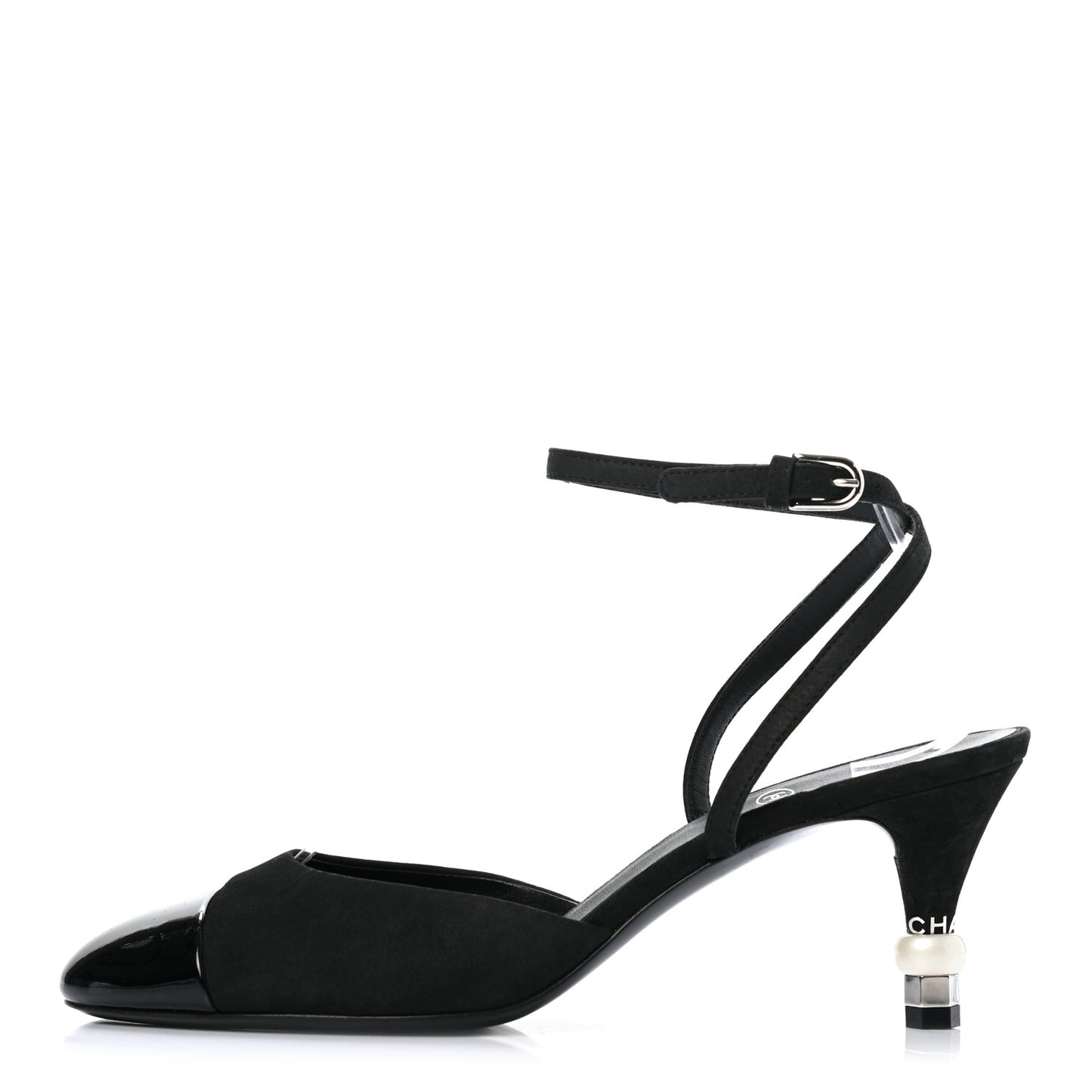 Suede Patent Calfskin Cap Toe Pearl Ankle Strap Pump 37.5 Black