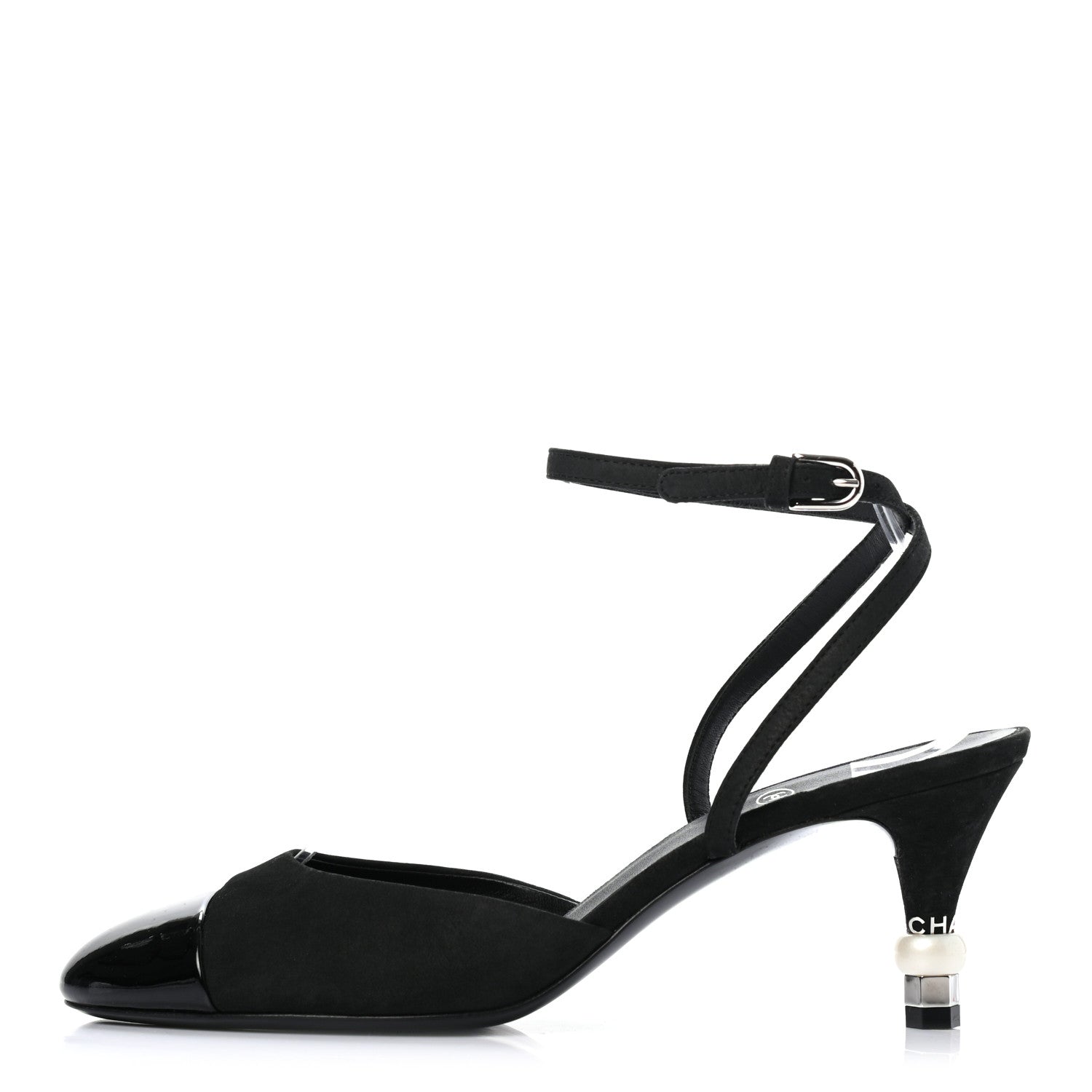 Chanel Suede Patent Calfskin Cap Toe Pearl Ankle Strap Pump 37.5 Black 1 of 9
