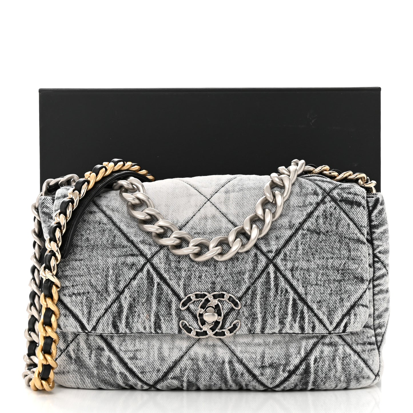 Washed Denim Quilted Medium Chanel 19 Flap Black White