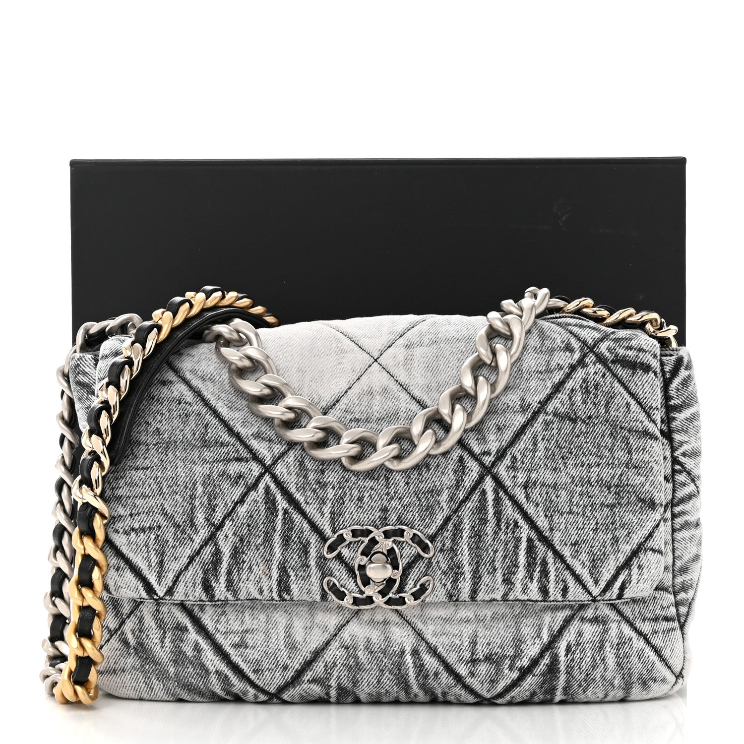 Chanel Washed Denim Quilted Medium Chanel 19 Flap Black White 11 of 11