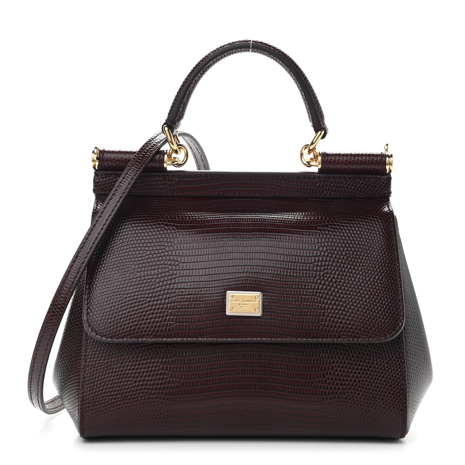 Dolce & Gabbana Lizard Calfskin Embossed Small Miss Sicily Satchel Burgundy 1 of 9